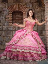  Off the Shoulder Rose Pink Sleeveless Beading and Embroidery and Ruffled Layers Floor Length Quinceanera Dresses