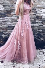 Exceptional Scoop Sleeveless Sweep Train Zipper Appliques and Sashes ribbons Evening Dress
