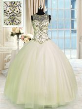 Modest Scoop Champagne Sleeveless Beading Floor Length Quinceanera Dresses