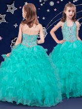 Charming Floor Length Turquoise Pageant Gowns For Girls Halter Top Sleeveless Zipper