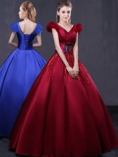 Inexpensive Floor Length Wine Red Quinceanera Gowns Satin Cap Sleeves Appliques