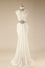 Flirting White High-neck Zipper Beading and Belt Prom Dresses Sweep Train Sleeveless