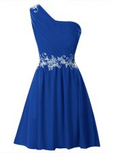 Adorable One Shoulder Royal Blue Sleeveless Appliques and Ruffles Mini Length Prom Gown