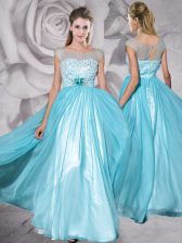 Enchanting Aqua Blue Zipper Bateau Beading and Appliques Prom Gown Chiffon Cap Sleeves