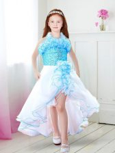 Super White and Aqua Blue Organza Zipper Halter Top Sleeveless High Low Flower Girl Dress Ruffles