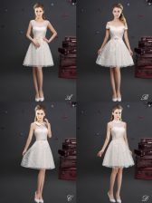 Top Selling Off the Shoulder Sleeveless Lace Knee Length Lace Up Quinceanera Court Dresses in Champagne with Lace and Appliques