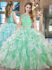 Affordable Apple Green Sleeveless Floor Length Lace and Ruffles Lace Up Quinceanera Dress