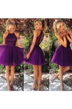 Captivating Purple Backless High-neck Beading and Ruching Prom Gown Organza Sleeveless