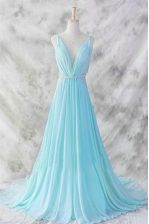 Modest Baby Blue Dress for Prom V-neck Sleeveless Brush Train Backless