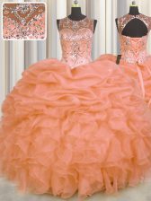 Glittering See Through Orange Lace Up Scoop Beading and Ruffles and Pick Ups Sweet 16 Quinceanera Dress Organza Sleeveless