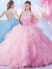 Stunning Sequins High-neck Sleeveless Zipper 15 Quinceanera Dress Baby Pink Tulle