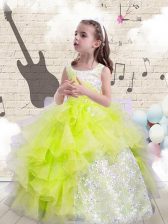 Simple Yellow Green Little Girls Pageant Dress Party and Wedding Party with Beading and Ruffles Scoop Sleeveless Lace Up