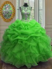 High Quality Scoop Green Ball Gowns Beading and Ruffles and Pick Ups 15 Quinceanera Dress Lace Up Organza Sleeveless Floor Length