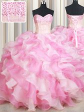 Affordable Pink And White Ball Gowns Beading and Ruffles Vestidos de Quinceanera Lace Up Organza Sleeveless Floor Length