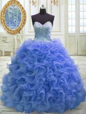  Sweetheart Sleeveless Quinceanera Gown Sweep Train Beading and Ruffles Blue Organza
