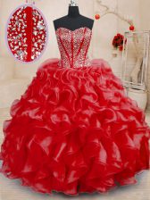  Red Organza Lace Up Sweetheart Sleeveless Floor Length Sweet 16 Dresses Beading and Ruffles
