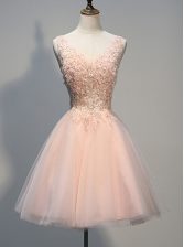  Knee Length Zipper Prom Party Dress Peach for Prom with Beading and Appliques