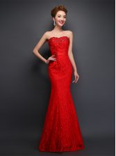  Mermaid Lace Sweetheart Sleeveless Lace Up Beading and Bowknot Prom Evening Gown in Red