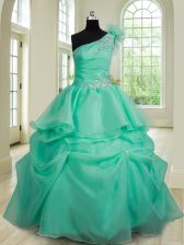 Flare Ball Gowns Ball Gown Prom Dress Turquoise One Shoulder Organza Sleeveless Floor Length Lace Up