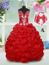  Beading and Pick Ups and Hand Made Flower Little Girls Pageant Dress Wholesale Red Lace Up Sleeveless Floor Length