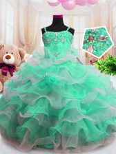  Ruffled Floor Length Ball Gowns Sleeveless Green Little Girl Pageant Dress Zipper
