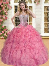 Designer Watermelon Red Ball Gowns Sweetheart Sleeveless Organza Floor Length Lace Up Beading and Ruffles Vestidos de Quinceanera