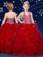 Admirable Organza Halter Top Sleeveless Zipper Beading and Ruffles Kids Formal Wear in Wine Red