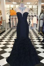 Smart Mermaid Scoop Sleeveless Elastic Woven Satin Prom Gown Beading Sweep Train Side Zipper