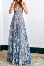  Blue Lace Backless Prom Evening Gown Sleeveless Floor Length Lace