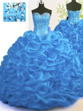  With Train Lace Up Quinceanera Gown Blue for Military Ball and Sweet 16 and Quinceanera with Beading and Ruffles Brush Train