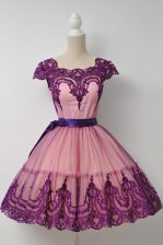  Purple Tulle Zipper Homecoming Dress Cap Sleeves Mini Length Belt