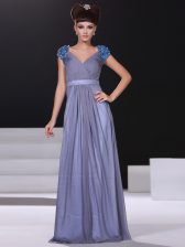  Short Sleeves Floor Length Beading and Ruching Zipper Prom Evening Gown with Lavender