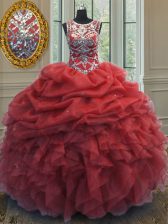  Scoop Sleeveless Floor Length Beading and Ruffles and Pick Ups Lace Up Quinceanera Gowns with Coral Red