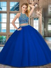 Deluxe Scoop Sleeveless Tulle Quinceanera Gowns Beading Backless