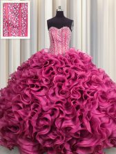 Custom Design Visible Boning Hot Pink Organza Lace Up Sweetheart Sleeveless Floor Length Quinceanera Dress Beading and Ruffles