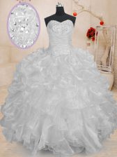 Sweet White Sleeveless Organza Lace Up Quinceanera Gowns for Military Ball and Sweet 16 and Quinceanera