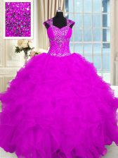 High End Fuchsia Ball Gowns Beading and Ruffles Quinceanera Dress Lace Up Organza Cap Sleeves Floor Length