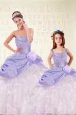 Custom Fit Floor Length Lace Up Quince Ball Gowns Lavender for Military Ball and Sweet 16 and Quinceanera with Beading and Ruffled Layers and Hand Made Flower