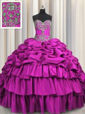 Exquisite Brush Train Sweetheart Sleeveless Sweet 16 Dress Floor Length Beading and Embroidery and Ruffled Layers and Pick Ups Fuchsia Taffeta