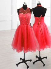 Sumptuous Sleeveless Knee Length Sequins Lace Up Dress for Prom with Watermelon Red