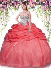 New Style Red Lace Up Quince Ball Gowns Beading and Pick Ups Sleeveless Floor Length