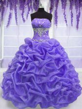 Beautiful Lavender Ball Gowns Beading Quinceanera Dress Lace Up Organza Sleeveless Floor Length