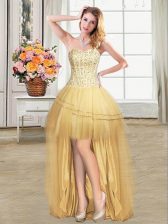 Fitting Gold Lace Up Prom Dresses Beading and Sequins Sleeveless High Low