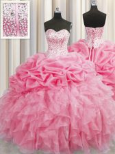  Visible Boning Sweetheart Sleeveless Organza Quince Ball Gowns Beading and Ruffles Lace Up