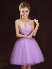 Low Price Mini Length Lilac Dama Dress for Quinceanera Tulle Sleeveless Lace and Ruching