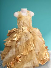 Dynamic Straps Sequins Floor Length Ball Gowns Sleeveless Gold Flower Girl Dresses for Less Lace Up