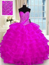Affordable Organza Sweetheart Sleeveless Lace Up Beading and Ruffled Layers 15th Birthday Dress in Fuchsia
