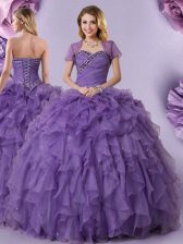  Purple Organza Lace Up 15th Birthday Dress Sleeveless Floor Length Beading and Ruffles