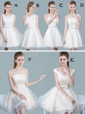  Scoop White A-line Lace and Bowknot Vestidos de Damas Lace Up Tulle Sleeveless Mini Length