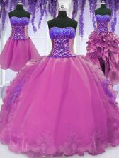  Four Piece Organza Sweetheart Sleeveless Lace Up Appliques and Embroidery Quince Ball Gowns in Lilac